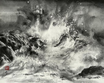 May include: A black and white ink painting of a lighthouse on a rocky shore with crashing waves. The painting has a dramatic and stormy feel.