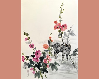 Mallow hollyhock flowers and kitten, Japanese gift, Japanese Ink Painting, brash wash painting