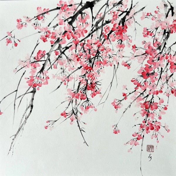 Pink Cherry blossom Original painting Japanese Ink Painting Japanese art Asian art Oriental hand made painting Sumi-e