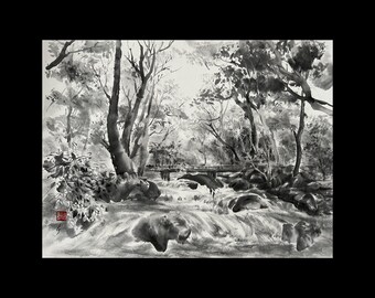 Forest River Ink Painting: Sumi-e Landscape Art (18x31) - Etsy