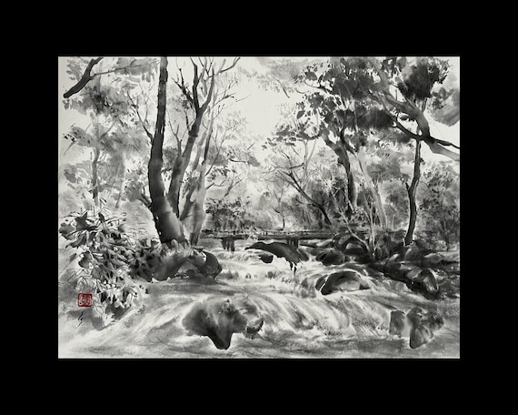 Forest River Ink Painting: Sumi-e Landscape Art (18x31) - Etsy