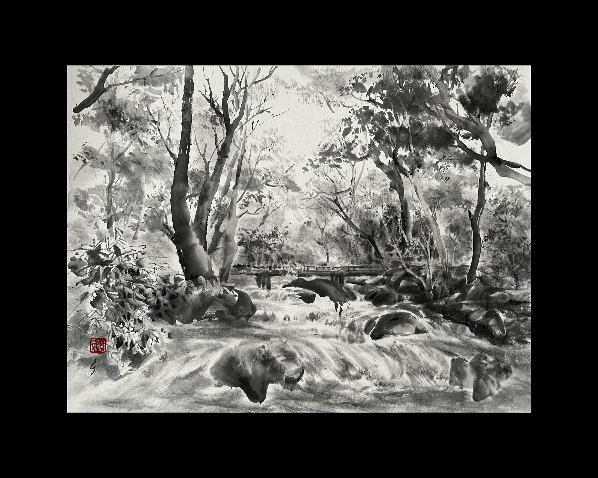 Forest River Black and White Ink Painting Landscape Handmade