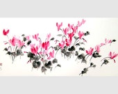 Japanese Ink Painting Sumi-e Suibokuga Ink art  Asian art Japanese art Rice paper painting Large 18x39 inch Wild cyclamen