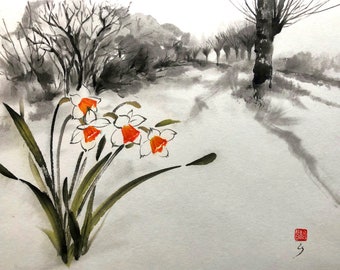 Daffodils under snow, Japanese gift, Oriental landscape, Original Japanese Ink Painting, Sumi-e black ink, Japanese art