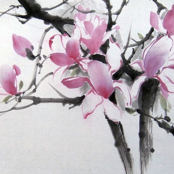 Magnolia in Wind Suibokuga Japanese ink Malerei Sumi-e Floral