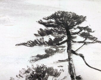 Sumi-e Mountain Landscape Painting: Handmade Japanese Ink Art