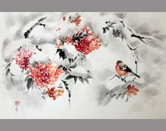 Bullfinch on branch of rowan - tree under snow, Japanese gift, Japanese Ink Painting, Sumi-e black ink, brash wash painting