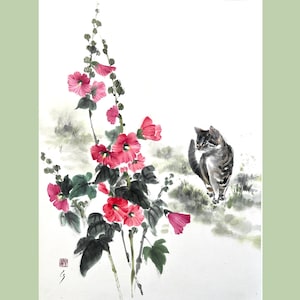 Flores de malva roja y gatito, regalo japonés, pintura de tinta japonesa, pintura de lavado descarado