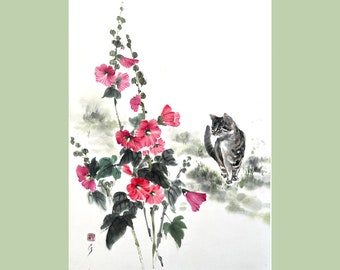 Red mallow flowers and kitten, Japanese gift, Japanese Ink Painting, brash wash painting