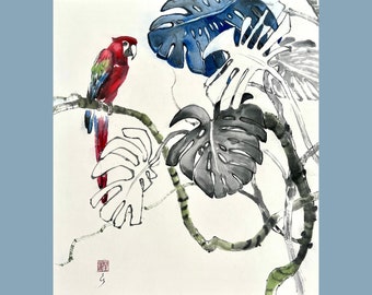 Red Macaw Parrot among monstera leaves Japanese gift, Tropical art,  Japanese Ink Painting, Sumi-e black ink, brash wash painting