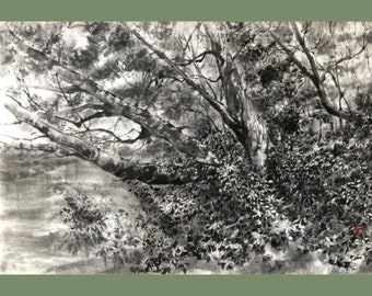 Old trees, Japanese Ink Painting,  Sumi-e black ink, Japanese ar, Asian art, Sumi-e, Suibokuga, Handmade painting, Black and white