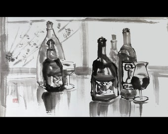 black and white Bottles, Japanese Ink Painting, Sumi-e black ink, Japanese art, Japanese gift, Handmade painting