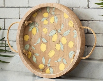 Lemon Wooden Serving Tray with Rope Handles | Coastal Kitchen Decor | Round Decorative Tray | Farmhouse Citrus Home Accent