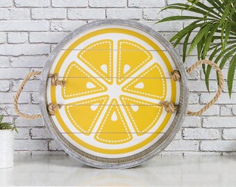 Lemon Slice Decorative Tray with Rope Handles | Coastal Farmhouse Citrus Accent Tray | Yellow Lemon Serving Tray Home Decor
