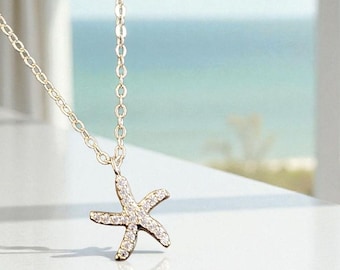 Dainty Rhinestone Starfish Necklace | Gold Plated Stainless Steel | Coastal Beach Jewelry