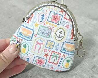 Coastal Coquette Postcard Stamp Coin Purse | Faux Leather Beach Lover Kiss Lock Pouch