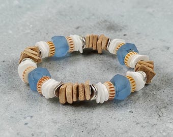 Coastal Beach Sea Blue Glass Ocean Inspired Bracelet or Earrings with Unique Artisanal Global Beads.