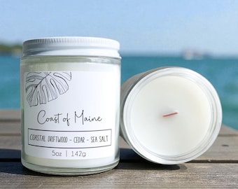 Coast of Maine – Driftwood & Sea Salt 5oz Wood Wick Scented Candle for a Coastal Home.