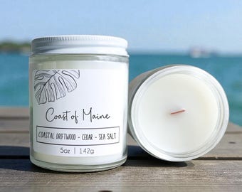 Coast of Maine – Driftwood & Sea Salt 5oz Wood Wick Scented Candle for a Coastal Home.