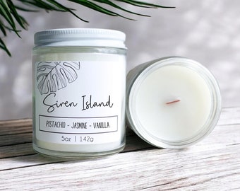 Siren Island Candle: Pistachio, Jasmine, Vanilla - Soy Blend with Wood Wick