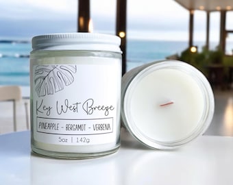 Key West Breeze Candle: Pineapple Bergamot Verbena Scent, Wood Wick