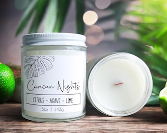 Cancun Nights Candle: Tropical Citrus Agave Lime Scent, Wood Wick