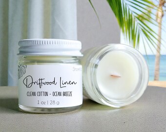 Driftwood Linen Wood Wick Mini Candle: Fresh Scent Home Fragrance | Bulk Gifts