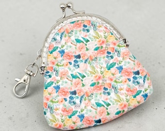 Coral Floral Coin Purse, Kiss Lock Change Purse, Small Floral Wallet, Keychain Coin Pouch, Handmade Gift for Women