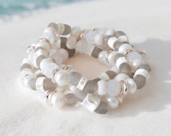 Nautical Sea Glass & Pearl Bracelet: Rose Gold Beach Wedding Jewelry