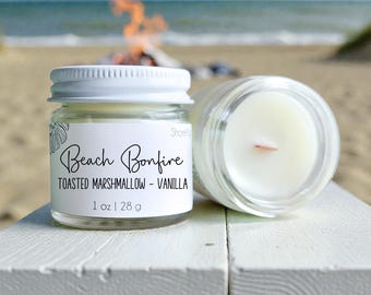 Beach Bonfire Wood Wick Candles: Mini Candle Favors - Bulk Beach Wedding + Party Gifts