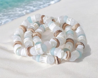 Handmade Sea Glass Bracelet: Coconut Shell & Fish Bone Beads