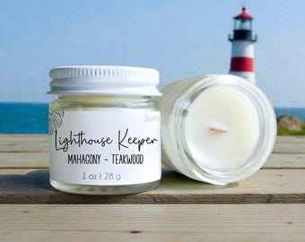 Lighthouse Keeper Wood Wick Candles: Mini Candle Favors - Bulk Beach Wedding + Party Gifts