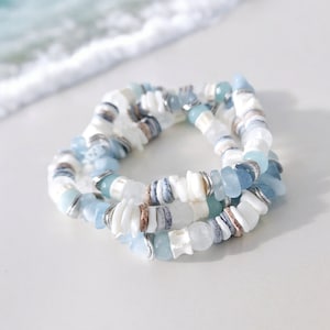 Beach Sea Glass and Shell Bracelet - Nautical Beach Wedding Jewelry Gift - Naturally Sourced Handmade Beads - Beach Lover Gift