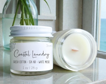 Coastal Laundry: Fresh Clean Cotton Scented Wood Wick Mini Candle | Beach Coastal Home Scents + Gifts