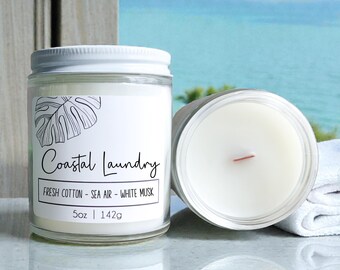 Coastal Laundry: Fresh Clean Cotton Scented Wood Wick Candle | Beach Coastal Home Scents + Gifts
