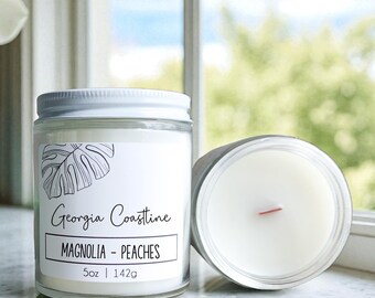 Georgia Coastline: Peach Magnolia Scented Candle, Wood Wick, Soy Blend - Beach Coastal Home Scents