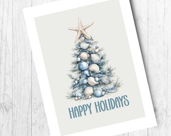 Aqua Blue Beach Holiday Card Set: Personalized Coastal Christmas