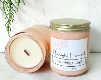 Midnight Mermaid Plum Vanilla Candle, Coastal Soy Blend Candle, Amber Scented Candle, Beach Home Decor Gift