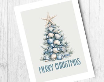 Personalized Beach Christmas Card Set: Blue Watercolor Tree