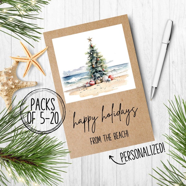 Beach Christmas Card Set, Personalized Tropical Holiday Card Set, Custom California Christmas Greeting Card Set, Blank Inside