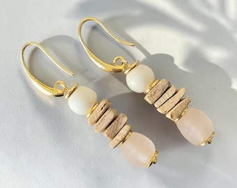Blushing Pink Sea Glass and Coconut Shell Dangle Earrings | Beach Jewelry