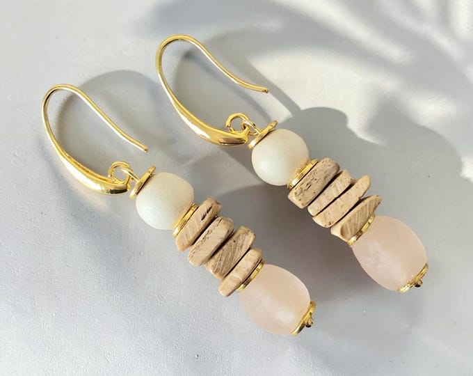 Featured listing image: Blushing Pink Sea Glass and Coconut Shell Dangle Earrings | Beach Jewelry