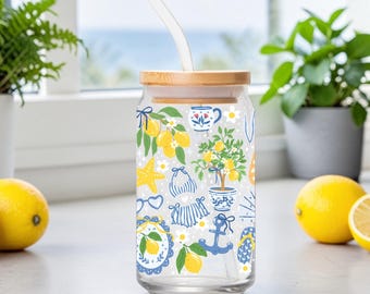 Coastal Lemon Drinking Glass w/ Bamboo Lid & Glass Straw | Summer Beach 16oz Libbey Can Drinkware