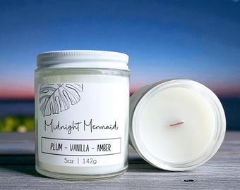 Midnight Mermaid: Plum Vanilla Scented Candle Wood Wick, Soy Blend - Beach Coastal Home Scents