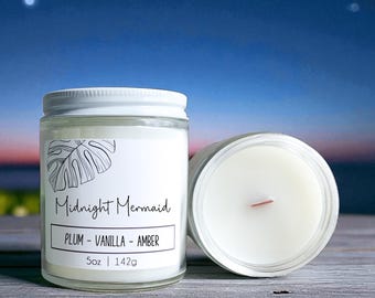 Midnight Mermaid: Plum Vanilla Scented Candle Wood Wick, Soy Blend - Beach Coastal Home Scents