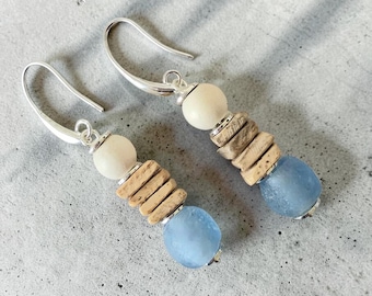 Coastal Blue Sea Glass and Coconut Shell Dangle Earrings | Beach Jewelry