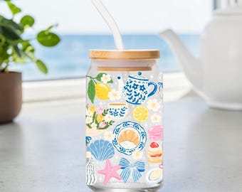 Coastal Tea Time Glass Cup w/ Bamboo Lid & Straw – 16oz Libbey Can Glass, Blue White Porcelain Aesthetic, Lemon Floral Beach Tumbler
