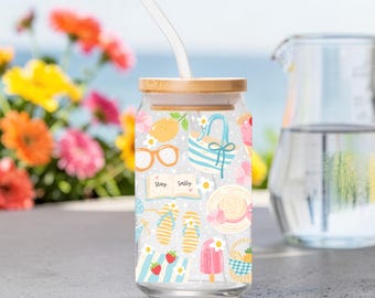 Hello Summer Glass Tumbler | Fruit Coastal Tumbler Iced Coffee Cup | Bamboo Lid & Straw (16oz)