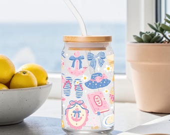 Coquette Coastal Glass Tumbler | Nautical Bow Preppy Beach Drinkware with Bamboo Lid (16oz)