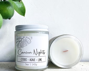 Cancun Nights Candle: Tropical Citrus Agave Lime Scent, Wood Wick
